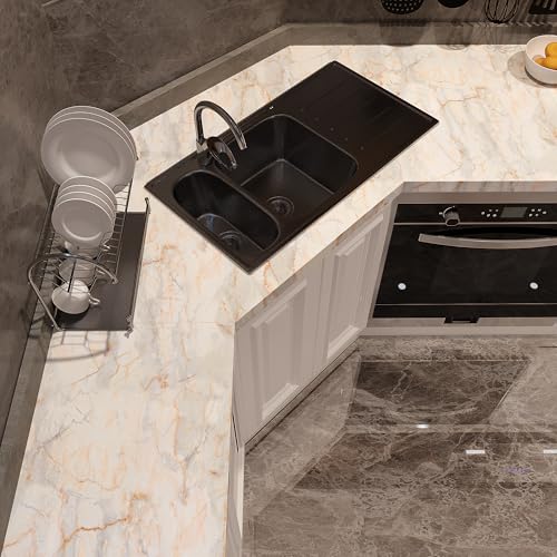 16"¡¿118" Thick Blue Gold Marble Wallpaper Peel and Stick Glossy Marble Contact Paper for Backsplash Countertops Vinyl Wrap Waterproof Faux Granite Wall Tile Sticker for Cabinets Kitchen Walls