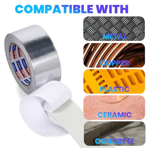 ADHES Professional Glass Fiber Aluminum Foil Tape, 0.78 Inch x 55 Yards(164ft) Heat Proof Tape Withstand 80¡ÆC to 100¡ÆC, Reinforced Foil Duct Tape, for HVAC, Metal Repair Sealing and Insulation