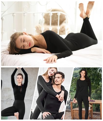 Women’s Thermal Long Johns Set Fleece Lined Winter Underwear Large Black