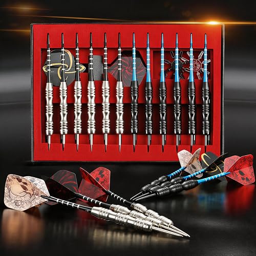 Steel Tip Darts Set - 12 Pieces 22g with Gift Box - Black & Silver
