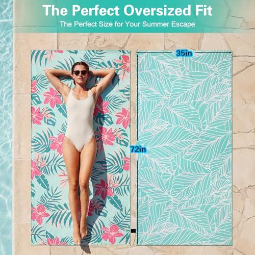 Oversized Beach Towel - 35x72" Quick-Dry Light Teal Pink Floral