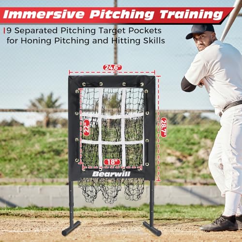 Bearwill 9-Hole Pitching Net with 18x22 Strike Zone — 39/42/45in Adjustable, Easy Setup