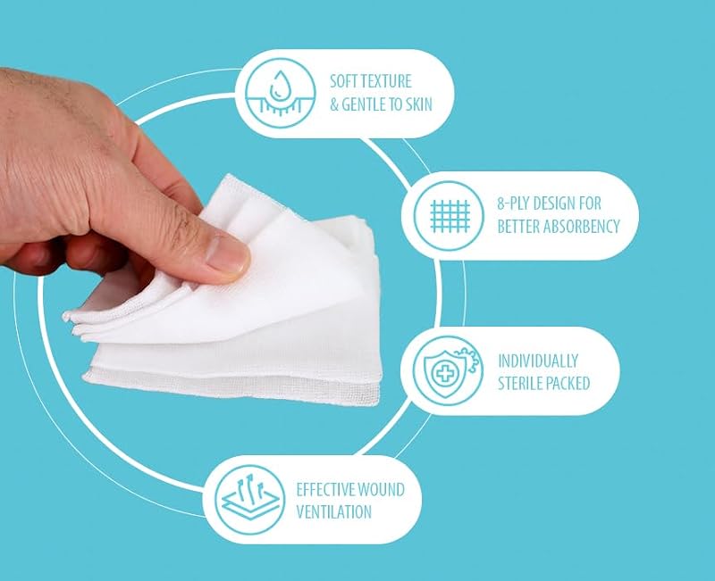 Sterile Gauze Pads 4x4 Inch, 8-Ply Cotton, 100 Count