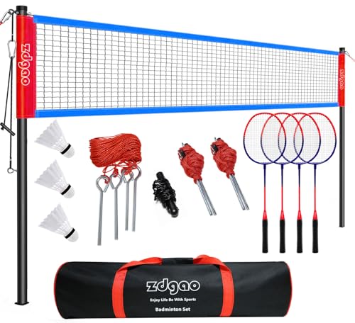 Complete Badminton Set with 20FT Net & Rackets - Red & Blue