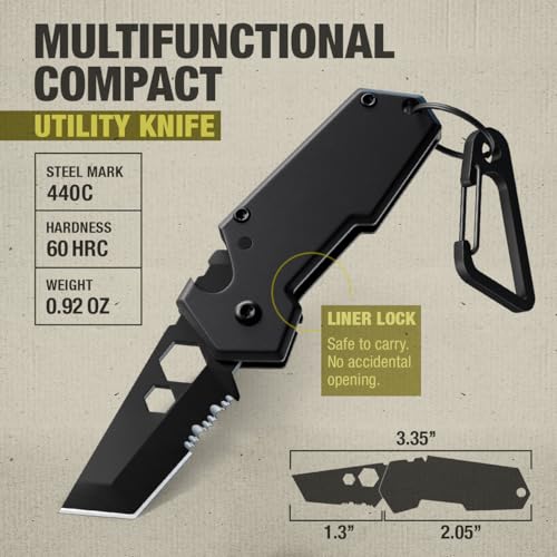 Mini Keychain Knife with Carabiner - 1.3" Tanto Serrated Blade - Black