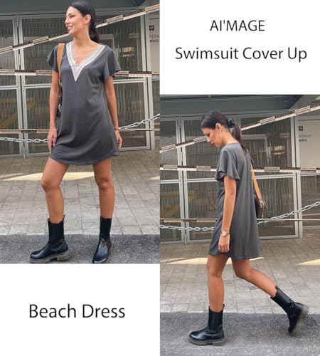 Women's V Neck Swimsuit Cover Up Beach Dress - Deep Grey / Medium