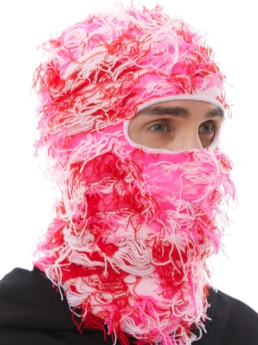 Distressed Ski Mask Balaclava - Fluffy Knitted Full Face - Pink Mixed