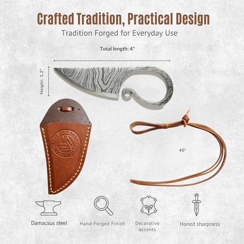 Hand Forged Celtic Viking Knife - Damascus Steel Fixed Blade with Leather Sheath