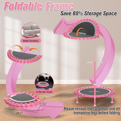 Foldable Mini Trampoline - 40" Rebounder with Adjustable Bar - Pink