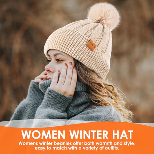 Women's Winter Beanie Hat, Fleece Lined Knit Cap with Faux Fur Pom Pom - Lightgrey
