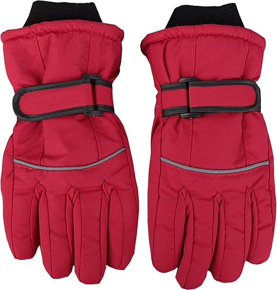 Kids Winter Ski Gloves - Warm Windproof for 5-10T - Curved Red