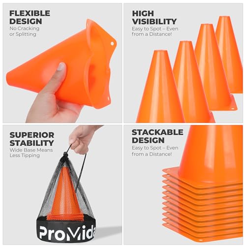 7 Inch Soccer Training Cones - 15 Pack Orange with Mesh Bag