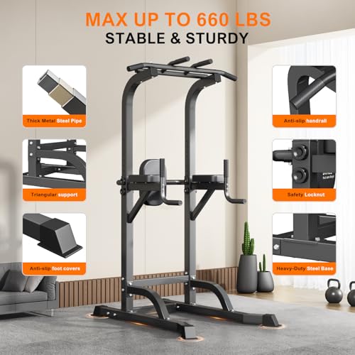 Adjustable Power Tower Pull Up Bar & Dip Station - Black-02