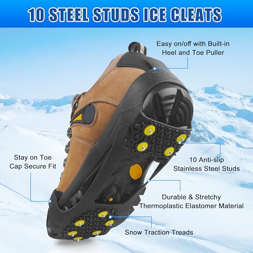 Ice Snow Cleats - Anti-Slip Rubber Crampons for Shoes & Boots - Large (7-9.5 Men/8.5-11 Women)