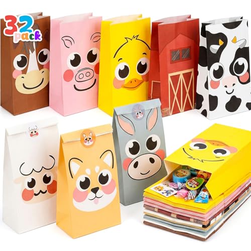 Farm Animal Party Favor Bags with Stickers - 32 Pack