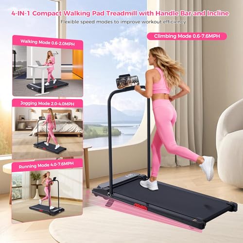 Portable Treadmill with Handle Bar - Compact Under Desk Walking Pad, 0.6-7.6MPH, Supports 350LBS