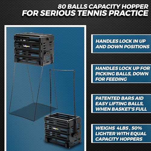 Tennis Ball Hopper - Durable Lightweight Design, Holds 80 Balls - Black