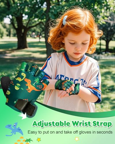 Kids Fingerless Bike Gloves - Protective Padded Cycling Gloves - Green, Large