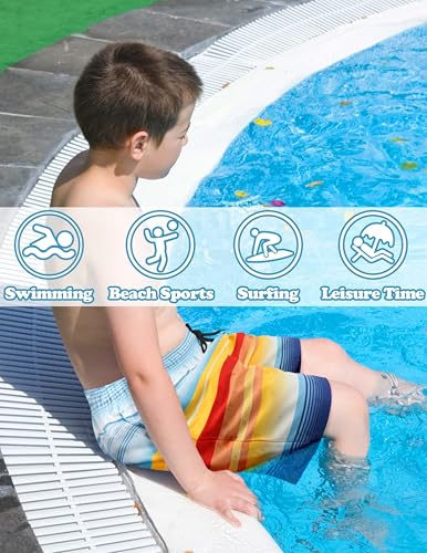 Sarfel Boys Swim Trunks with Compression Liner - Kids Board Shorts, Quick Dry, 14-16 Years, Blue Red Orange Stripes