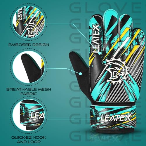 Soccer Goalie Gloves for Kids - Size 4 Cyan with Double Wrist Protection