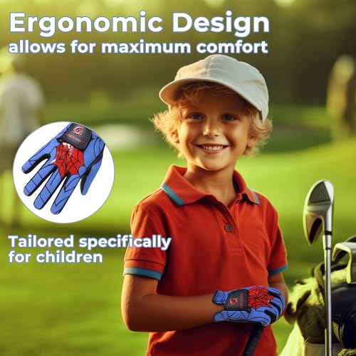 AIGEVTURE Kids Golf Gloves Left Hand Blue & Black M (Ages 5-7) - Youth Superhero Grip, Breathable & Durable Golf Accessory
