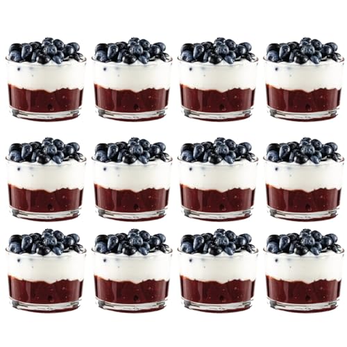 Vikko 7 oz Glass Dessert Bowls Set of 12 – Small Parfait Cups, Stackable Custard Cups, 3.2" x 2.2"