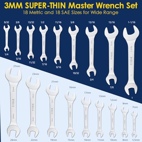 YIYEIE 18Pcs Ultra-Slim Open-End Wrench Set, 3mm Thin Metric & SAE