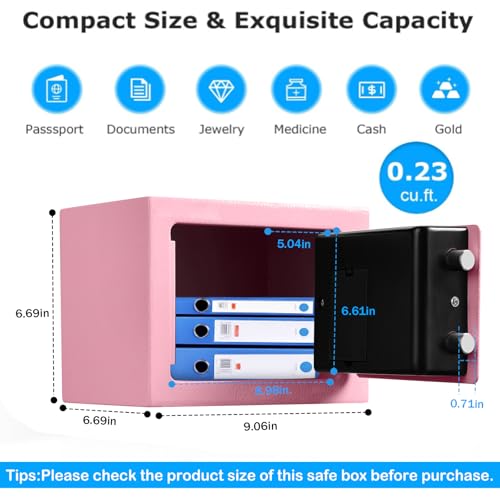 Small Mini Fire Safe Box for Home, 0.3 Cubic Feet Medication Lock Box, Security Money Safes with Digital Keypad, Spare Keys, Personal Safes for Money, Jewelry, ID Documents