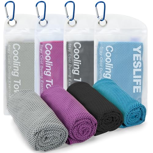 4-Pack Cooling Towels with Neck Wraps - 40x12 Inches, Reusable Ice Towels in Blue, Grey, Purple, Black
