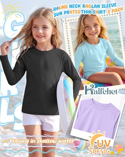 Girls' Long Sleeve Sun Shirts - 3 Pack Rash Guard 13-14Y Black, Light Blue, Light Purple