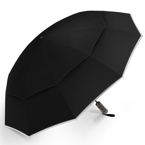 Urvoix Compact Golf Umbrellas Windproof, Travel Umbrella for Rain, 10 Ribs Aluminum Alloy & Fiberglass w/Reflective Stripe, Double Canopy Automatic Anti-bounce Close (Black)