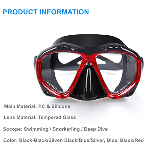 Panoramic Snorkel Diving Mask - Anti-Fog Tempered Glass - Black Red