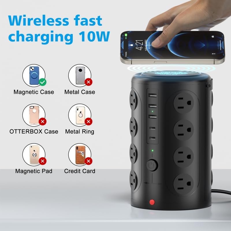15W Wireless Charging Surge Protector Power Strip with 16 AC Outlets & 5 USB Ports - Desk Charging Station for Home, Office & Dorm Room (10FT)