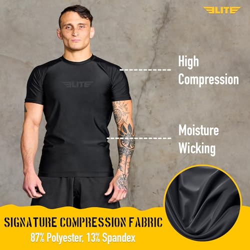 BJJ Rash Guard for Men - Short Sleeve Compression Base Layer - Black, Large