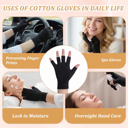Cotton Gloves for Women - Fingerless Black Open Fingertips - 5 Pairs