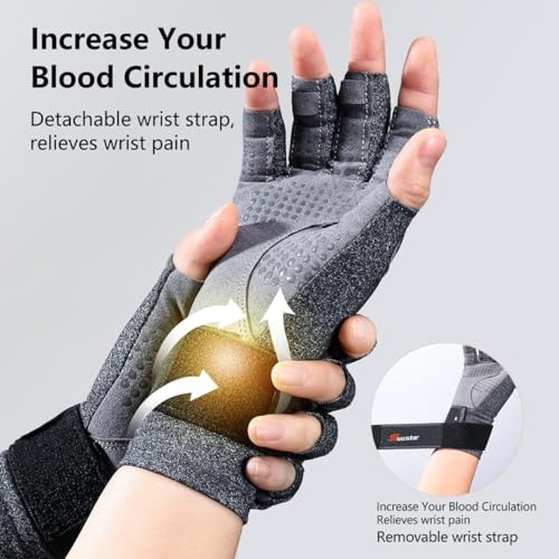 SueStar Arthritis Gloves with Removable Wrist Strap, Strengthen Compression Gloves for Arthritis, Carpal Tunnel Pain Relief, Rheumatoid, Tendonitis, Fingerless Computer for Women(M)