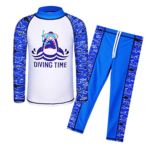 Boys Long Sleeve Rash Guard 2-Piece Swim Set UPF 50+ 5-6 Years White Fish