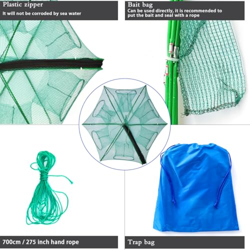 Green Foldable Fishing Trap with 4 Entrance for Minnow, Crab, Shrimp - 27.6 x 10.2 in
