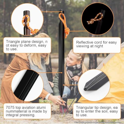 Heavy Duty Aluminum Tent Stakes - 10 Pack with Reflective Drawstring