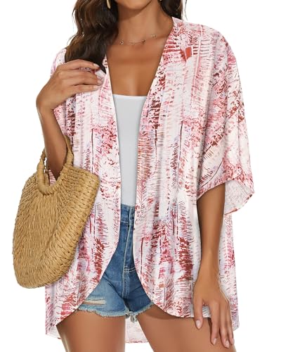 JILUVIN Women's Pink White Stripes Kimono Cardigan X-Large Beach Cover Up Summer Tops