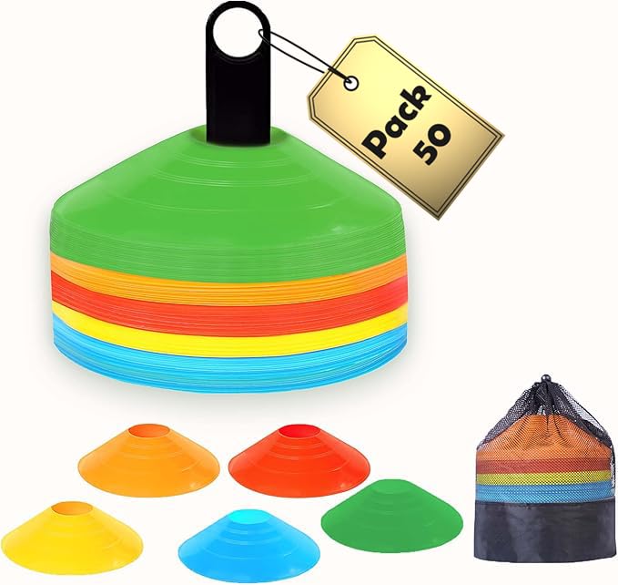 Agility Cone Set - 50 Pack with Carry Bag & Holder - 5 Colors