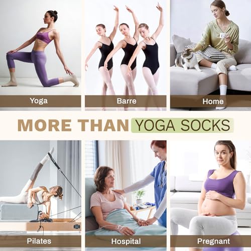 Non-Slip Grip Pilates Socks for Women - 3 Pairs, Black, White, Camel