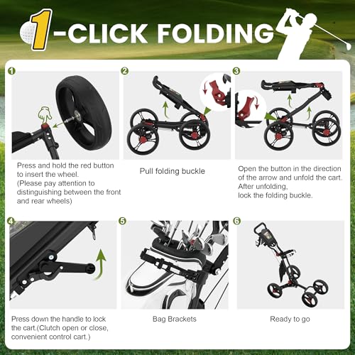 Golf Push Cart - 1-Click Folding Design, 300 lbs Capacity, Black