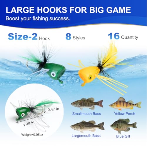 16 PCS Topwater Fishing Lures Set - 8 Vibrant Colors for Bass