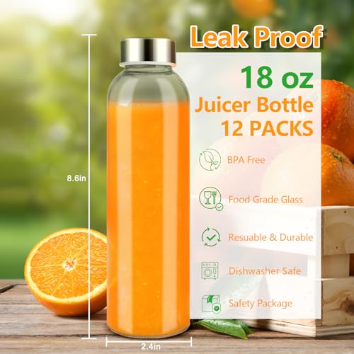 Zukro 18 oz Glass Water Bottles with Stainless Steel Leak-Proof Lids - 12 Pack