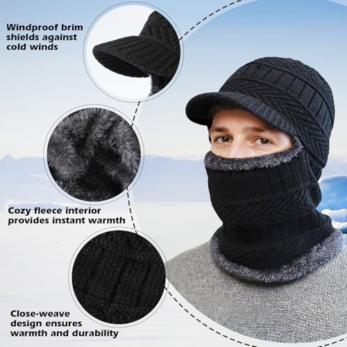 Winter Knitted Balaclava Beanie Hat - Warm Cycling Ski Mask, Windproof Hood, Heavyweight Thermal Fleece, One Size Black