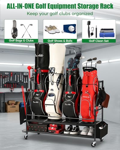 Golf Bag Organizer with Wheels - Holds 4 Bags, Black