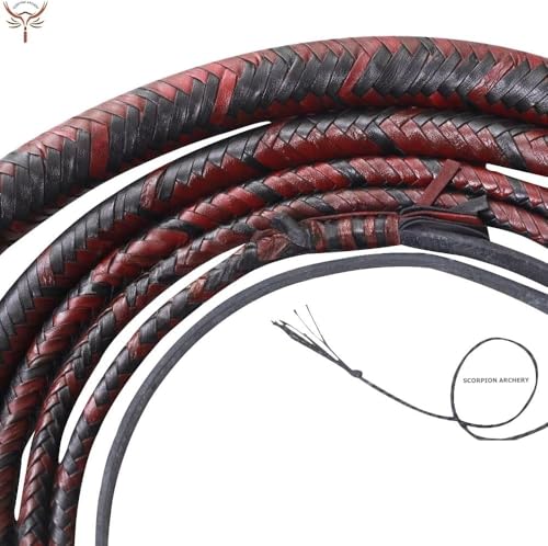 10ft Cowhide Leather Bullwhip with Rope Core, Black & Red, Equestrian & Performance
