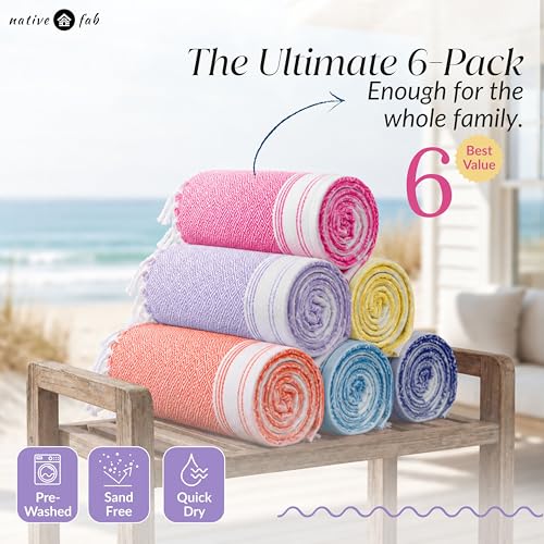 Native Fab Mediterranean Diamond Beach Towels 6-Pack - Soft, Quick Dry, Sand-Free, Oversized Cotton Pool Towels for Adults & Travel