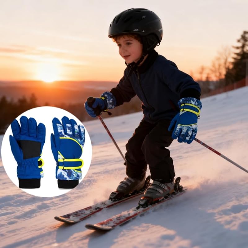 Kids Winter Ski Gloves - Windproof Water-Resistant Warm Mittens - Blue, Medium